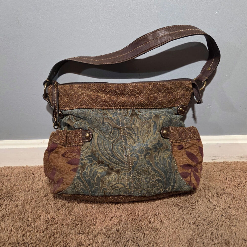 Fossil vtg tapestry boho slouchy satchel shoulder bag blue purse y2k